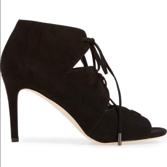 NIB Black Leather Lace Up Gladiator Peep Toe Heels - Picture 6 of 6